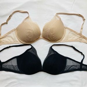 Victoria Secret Bra SZ 34D New Lightly Lined Stretch Lace Side Black & Beige